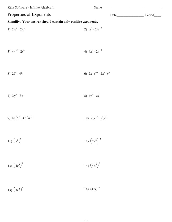 infinite algebra 1 properties of exponents tutordale com